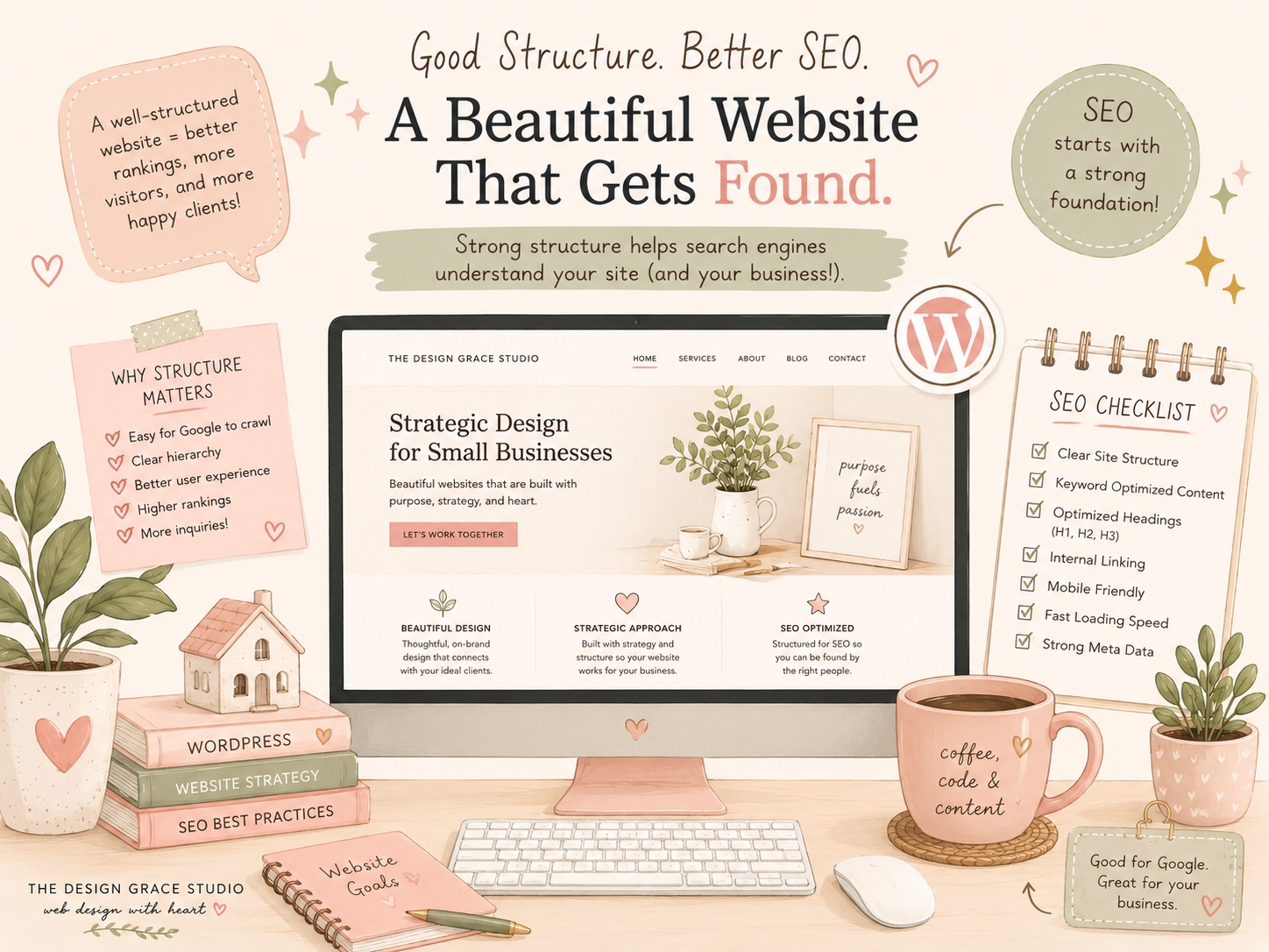 Illustration showing how proper website structure improves WordPress SEO and helps small businesses rank higher in Google search results.