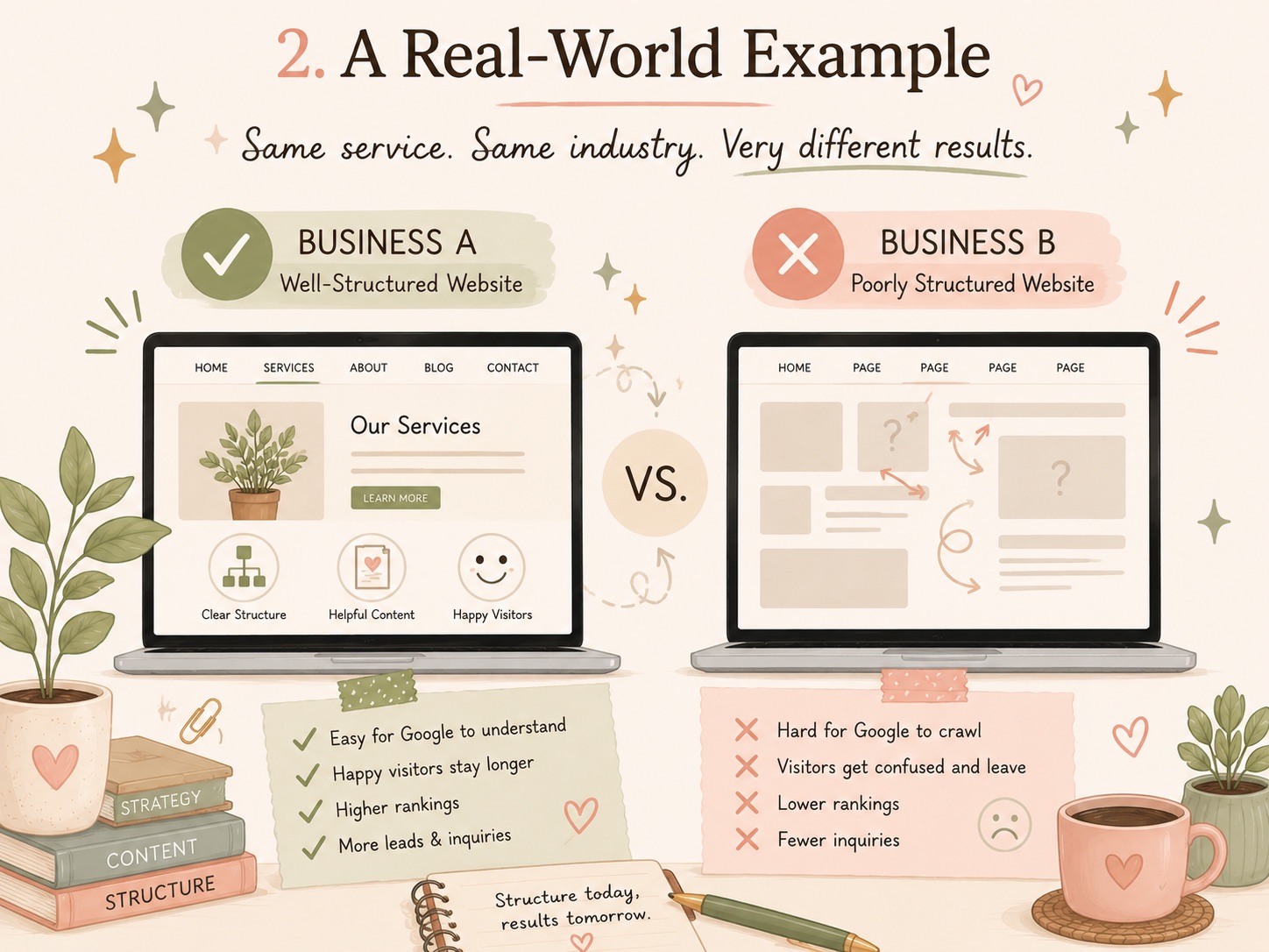 Comparison of a well-structured website versus a poorly structured website demonstrating the impact of website organization on SEO and user experience.