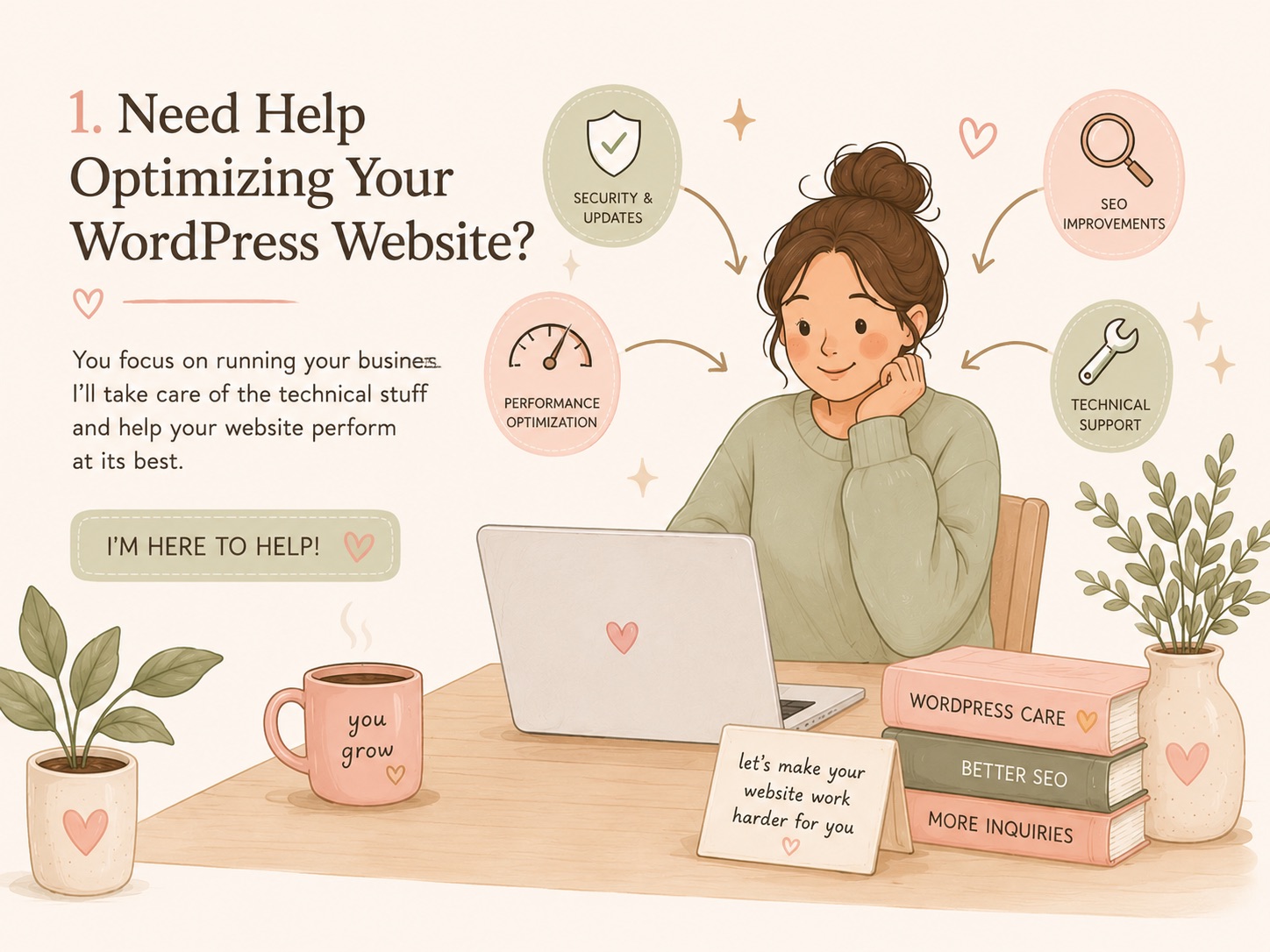 Pastel illustration of a WordPress specialist helping a small business improve website performance, SEO, security, and technical support.