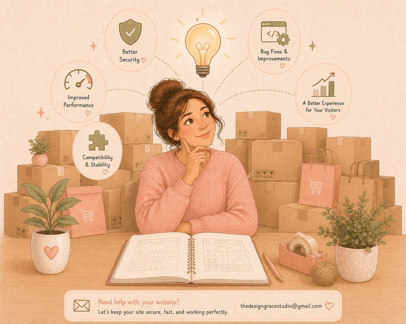 Business owner managing an online store and considering WordPress plugin updates to improve website security, performance, and customer experience.