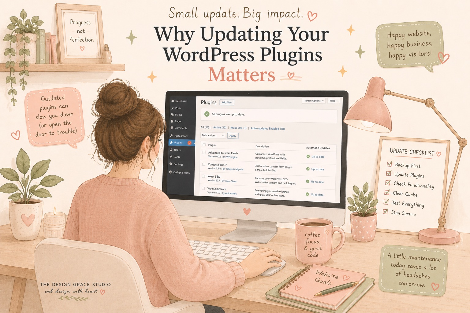 WordPress developer performing plugin updates and website maintenance to improve security and performance.