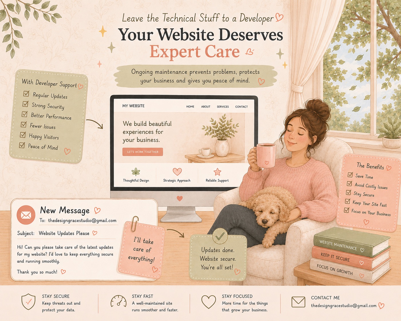 WordPress website maintenance illustration showing a website owner relying on a developer for plugin updates, security, and ongoing website support.
